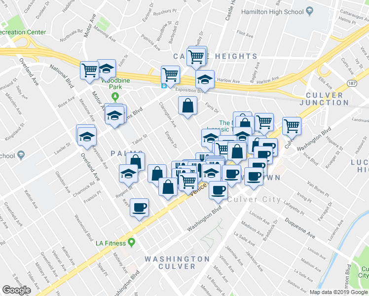 map of restaurants, bars, coffee shops, grocery stores, and more near 10110 Regent Street in Los Angeles