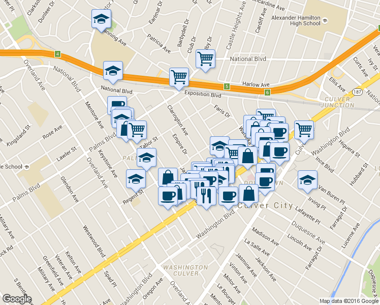 map of restaurants, bars, coffee shops, grocery stores, and more near 10110 Regent Street in Los Angeles