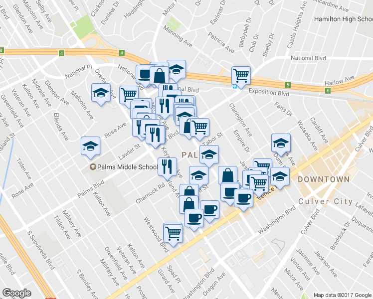 map of restaurants, bars, coffee shops, grocery stores, and more near 3568 Mentone Avenue in Los Angeles