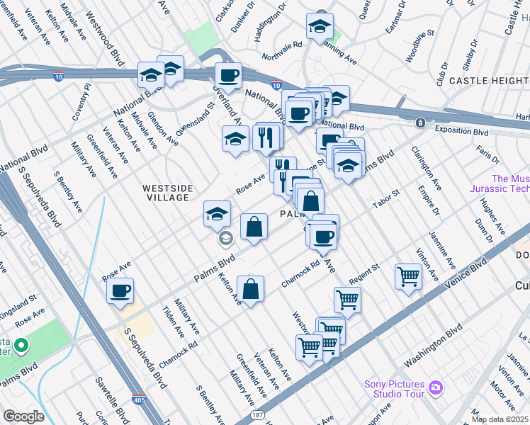 map of restaurants, bars, coffee shops, grocery stores, and more near 10740 Lawler Street in Los Angeles