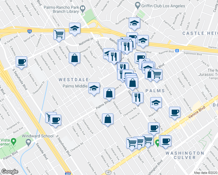 map of restaurants, bars, coffee shops, grocery stores, and more near 3406 Glendon Avenue in Los Angeles