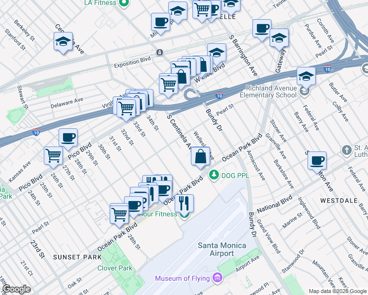 map of restaurants, bars, coffee shops, grocery stores, and more near 2637 South Centinela Avenue in Santa Monica