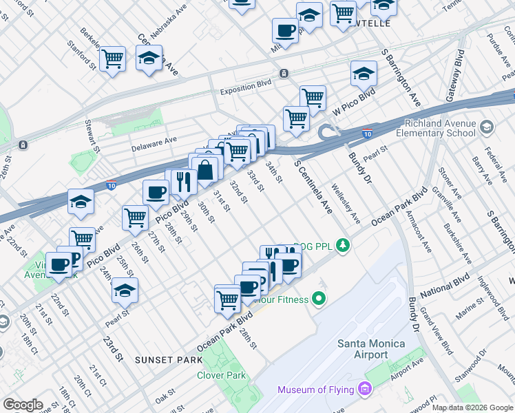 map of restaurants, bars, coffee shops, grocery stores, and more near 2414 32nd Street in Santa Monica