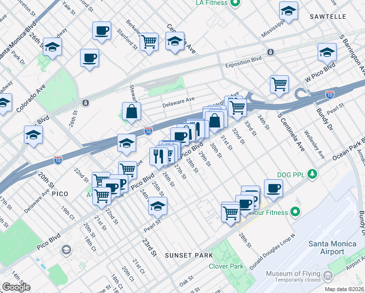 map of restaurants, bars, coffee shops, grocery stores, and more near 2727 Pico Boulevard in Santa Monica
