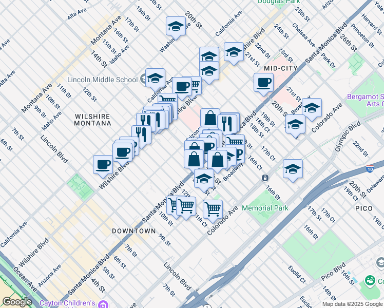 map of restaurants, bars, coffee shops, grocery stores, and more near 1338 14th Street in Santa Monica