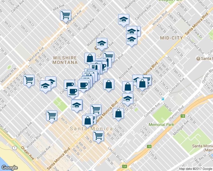 map of restaurants, bars, coffee shops, grocery stores, and more near 1243 12th Street in Santa Monica