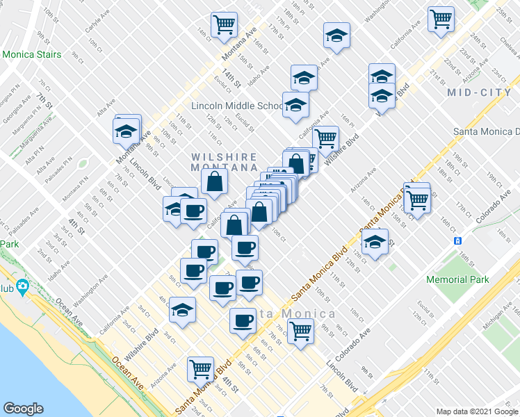 map of restaurants, bars, coffee shops, grocery stores, and more near 1025 Wilshire Boulevard in Santa Monica