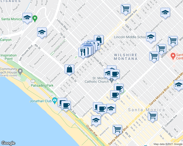 map of restaurants, bars, coffee shops, grocery stores, and more near in Santa Monica