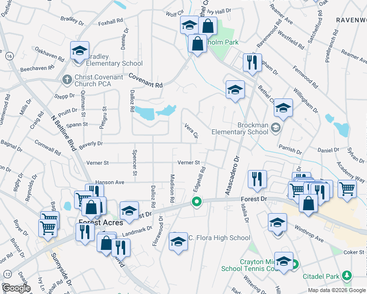 map of restaurants, bars, coffee shops, grocery stores, and more near 1925 Stanley Street in Columbia