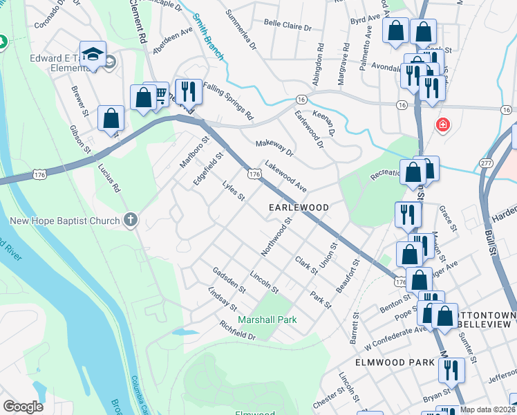 map of restaurants, bars, coffee shops, grocery stores, and more near 3216 Lyles Street in Columbia