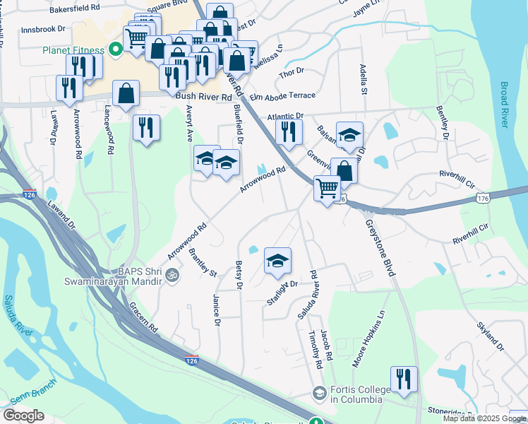 map of restaurants, bars, coffee shops, grocery stores, and more near 1017 Betsy Drive in Columbia