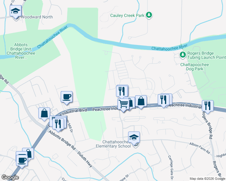 map of restaurants, bars, coffee shops, grocery stores, and more near Shake Rag Road Northwest in Duluth