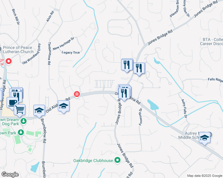 map of restaurants, bars, coffee shops, grocery stores, and more near 3597 Old Maple Road in Alpharetta