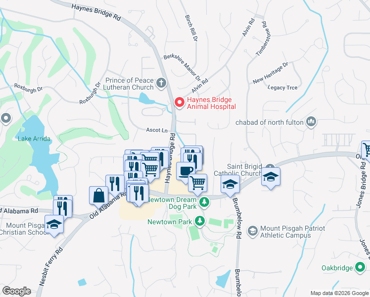 map of restaurants, bars, coffee shops, grocery stores, and more near 36 Hemingbrough Way in Johns Creek