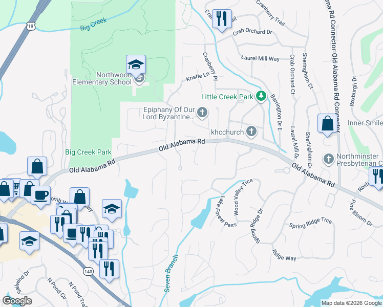 map of restaurants, bars, coffee shops, grocery stores, and more near 119 Weatherburne Drive in Roswell