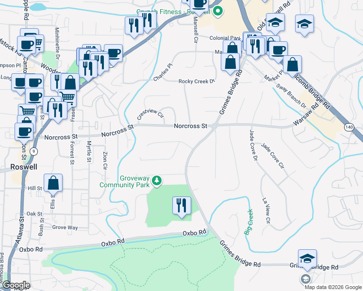 map of restaurants, bars, coffee shops, grocery stores, and more near 375 Stonebridge Trail in Roswell