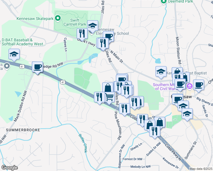 map of restaurants, bars, coffee shops, grocery stores, and more near 2651 Saint Charles Lane Northwest in Kennesaw