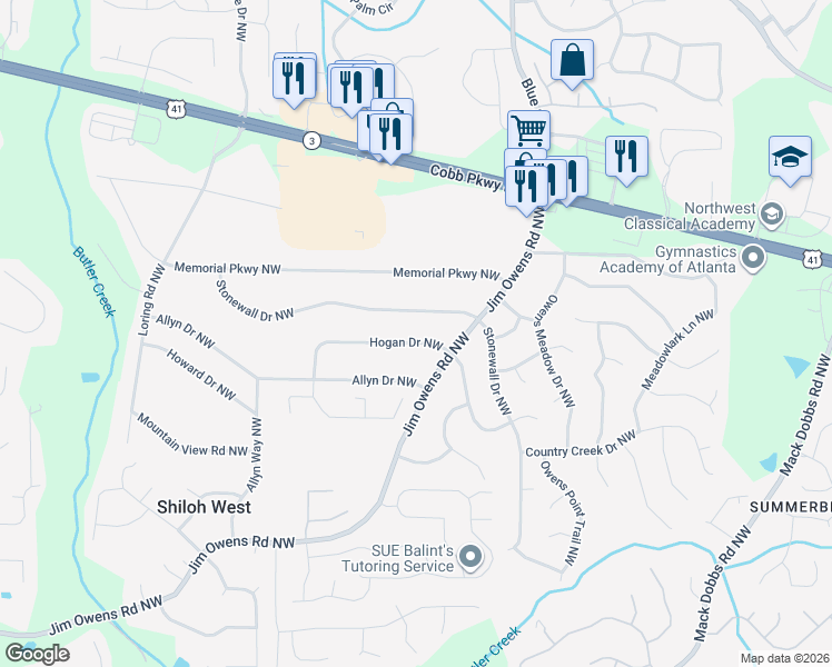map of restaurants, bars, coffee shops, grocery stores, and more near 3587 Hogan Drive Northwest in Kennesaw