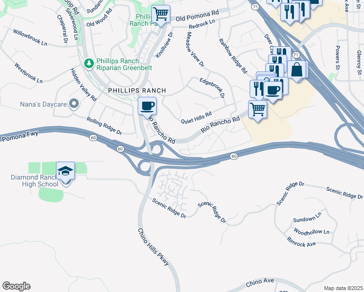 map of restaurants, bars, coffee shops, grocery stores, and more near 7 Blackbird Lane in Pomona