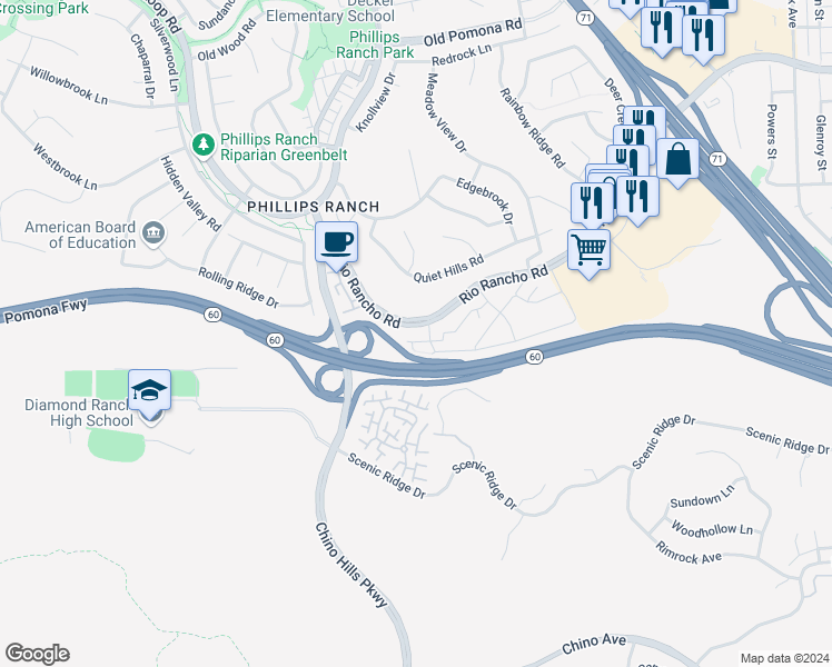 map of restaurants, bars, coffee shops, grocery stores, and more near 7 Blackbird Lane in Pomona