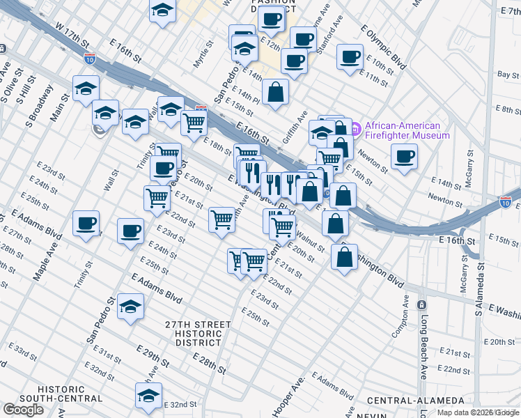 map of restaurants, bars, coffee shops, grocery stores, and more near 1151 East 20th Street in Los Angeles