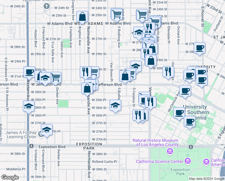 map of restaurants, bars, coffee shops, grocery stores, and more near 1281 West 35th Street in Los Angeles