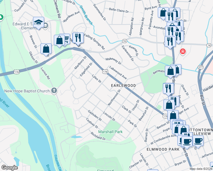 map of restaurants, bars, coffee shops, grocery stores, and more near 3216 Lyles Street in Columbia