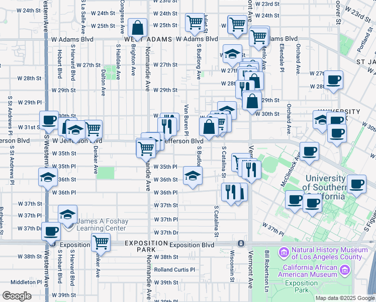 map of restaurants, bars, coffee shops, grocery stores, and more near 1281 West 35th Street in Los Angeles