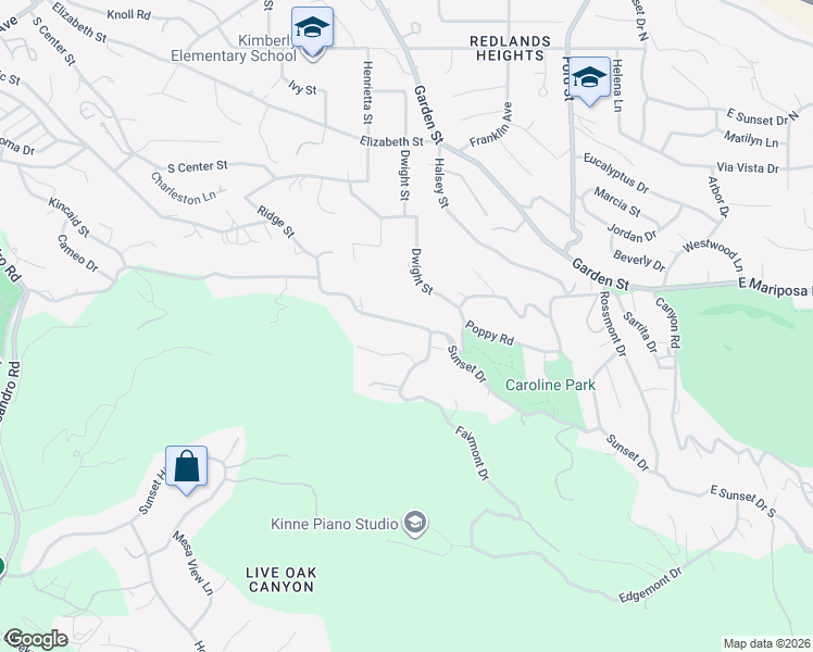 map of restaurants, bars, coffee shops, grocery stores, and more near 0 West Sunset Drive in Redlands