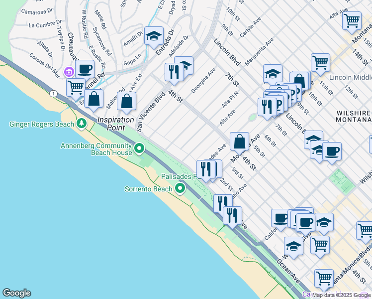 map of restaurants, bars, coffee shops, grocery stores, and more near 130 Alta Avenue in Santa Monica