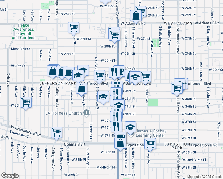 map of restaurants, bars, coffee shops, grocery stores, and more near 1729 West 35th Street in Los Angeles