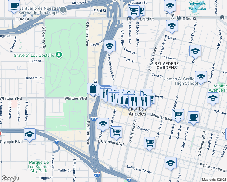 map of restaurants, bars, coffee shops, grocery stores, and more near 735 South Duncan Avenue in East Los Angeles