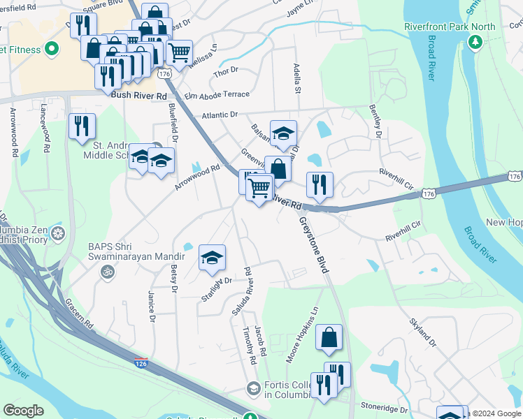 map of restaurants, bars, coffee shops, grocery stores, and more near 1013 Broad River Road in Columbia