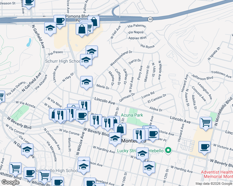 map of restaurants, bars, coffee shops, grocery stores, and more near 1917 Merle Drive in Montebello