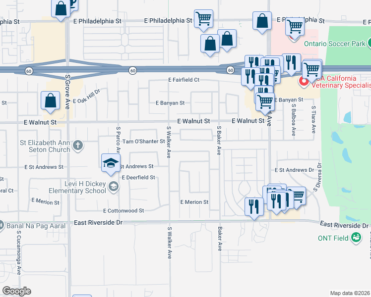 map of restaurants, bars, coffee shops, grocery stores, and more near 1535 East Hazeltine Street in Ontario
