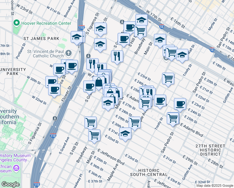 map of restaurants, bars, coffee shops, grocery stores, and more near 2617 South Main Street in Los Angeles