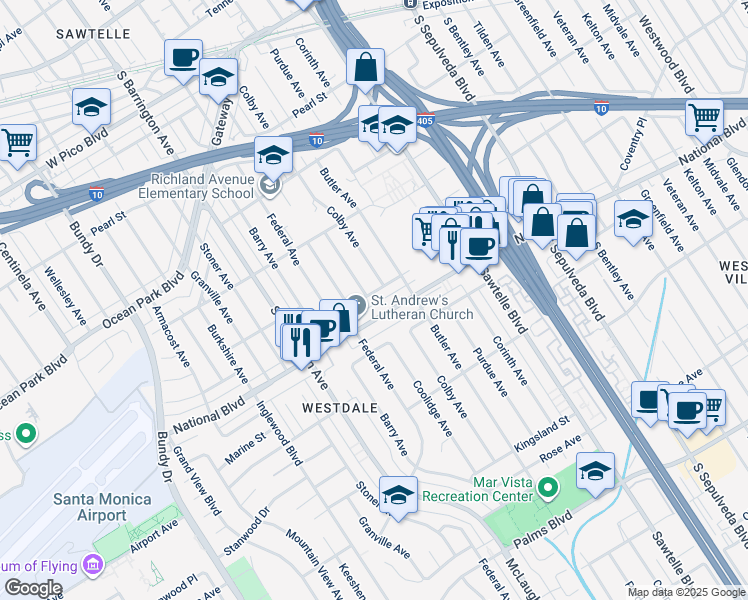 map of restaurants, bars, coffee shops, grocery stores, and more near 11516 Clarkson Road in Los Angeles