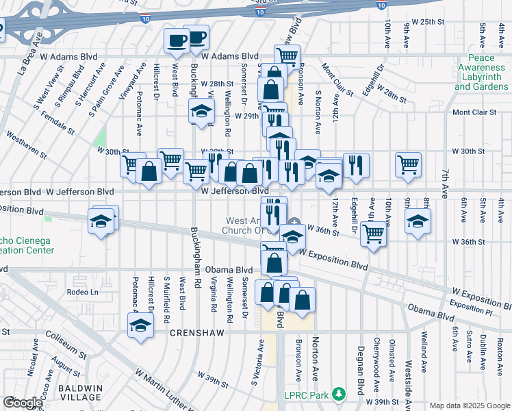 map of restaurants, bars, coffee shops, grocery stores, and more near 3507 South Victoria Avenue in Los Angeles