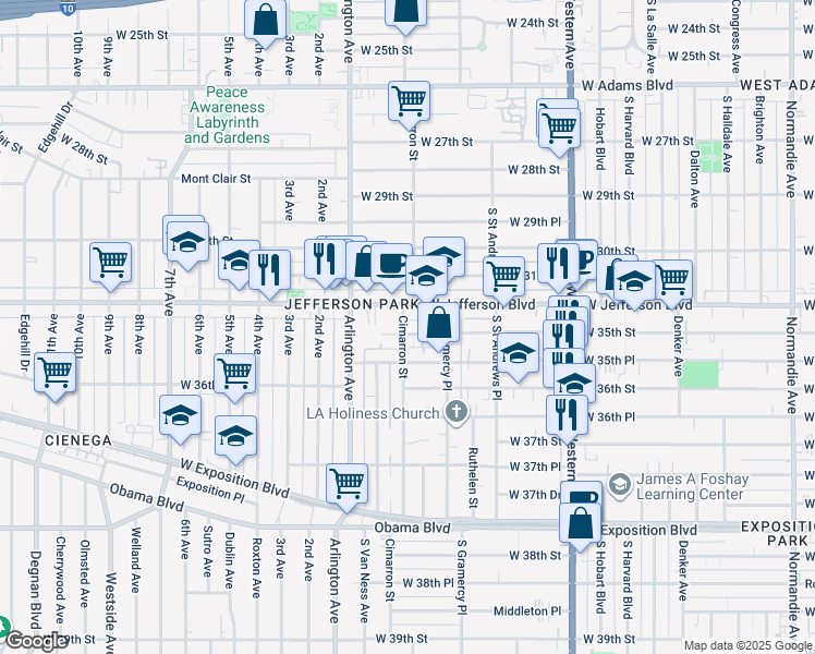 map of restaurants, bars, coffee shops, grocery stores, and more near 3418 Cimarron Street in Los Angeles