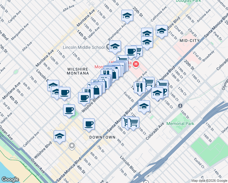 map of restaurants, bars, coffee shops, grocery stores, and more near 1229 12th Street in Santa Monica