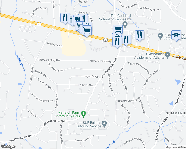 map of restaurants, bars, coffee shops, grocery stores, and more near 3572 Hogan Drive Northwest in Kennesaw