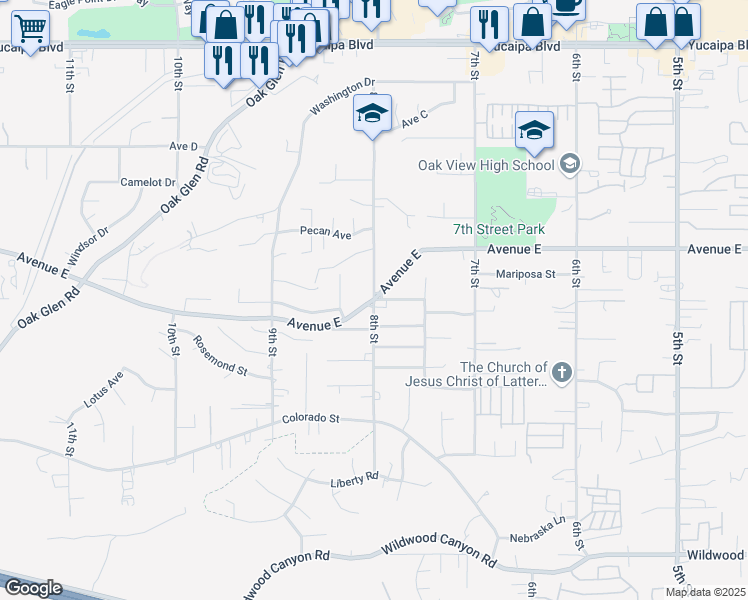map of restaurants, bars, coffee shops, grocery stores, and more near 8th St & Eureka Ave in Yucaipa