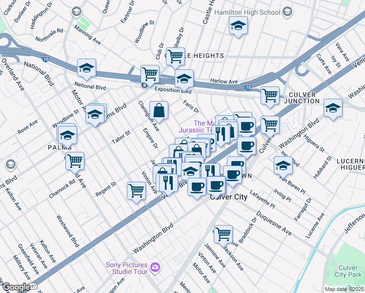 map of restaurants, bars, coffee shops, grocery stores, and more near 3720 Dunn Drive in Los Angeles