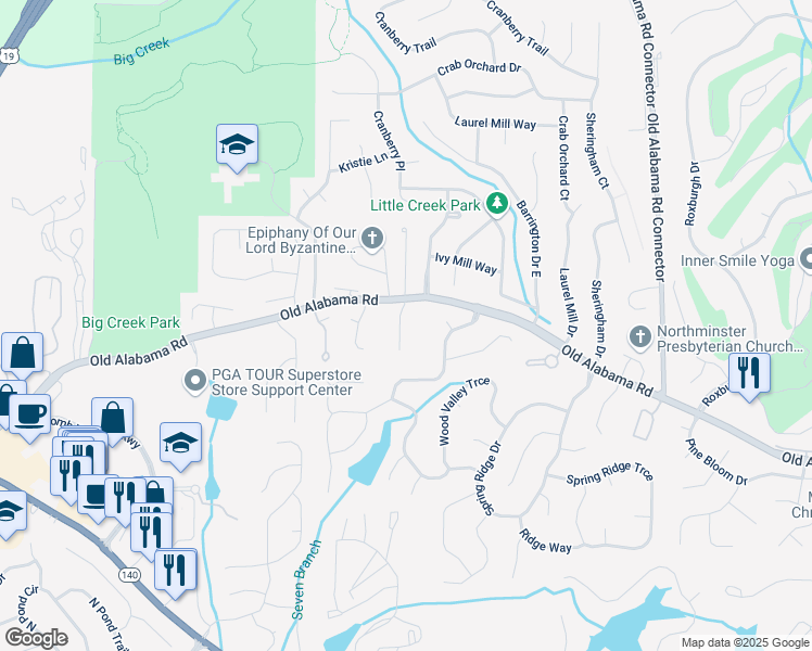 map of restaurants, bars, coffee shops, grocery stores, and more near 120 Old Alabama Place in Roswell