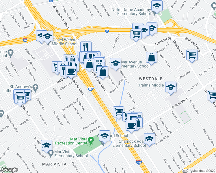 map of restaurants, bars, coffee shops, grocery stores, and more near 3175 South Sepulveda Boulevard in Los Angeles