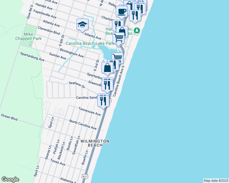 map of restaurants, bars, coffee shops, grocery stores, and more near 1004 Carolina Beach Avenue South in Carolina Beach