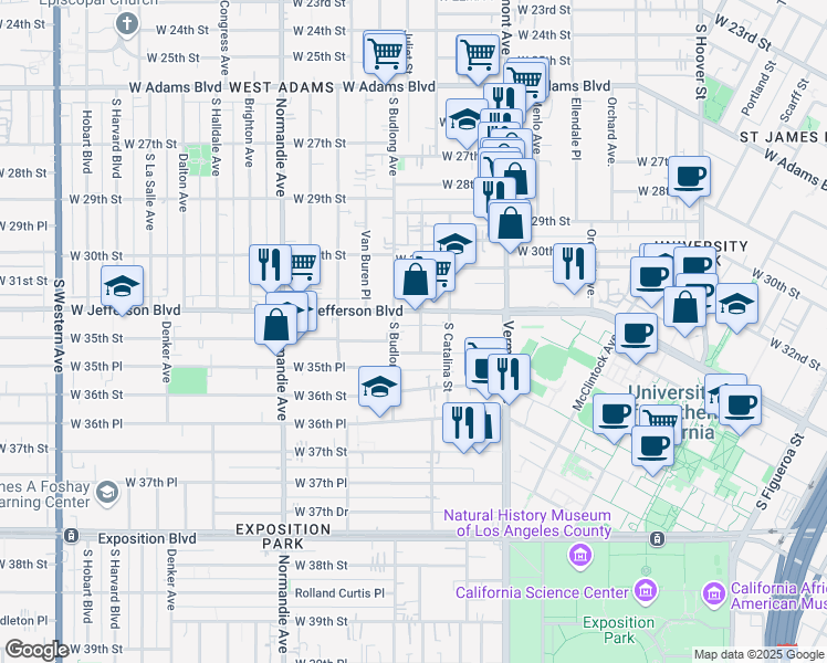 map of restaurants, bars, coffee shops, grocery stores, and more near 3421 Walton Avenue in Los Angeles