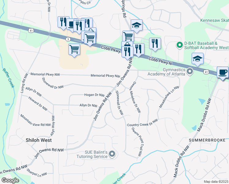 map of restaurants, bars, coffee shops, grocery stores, and more near 3447 Stonewall Drive Northwest in Kennesaw