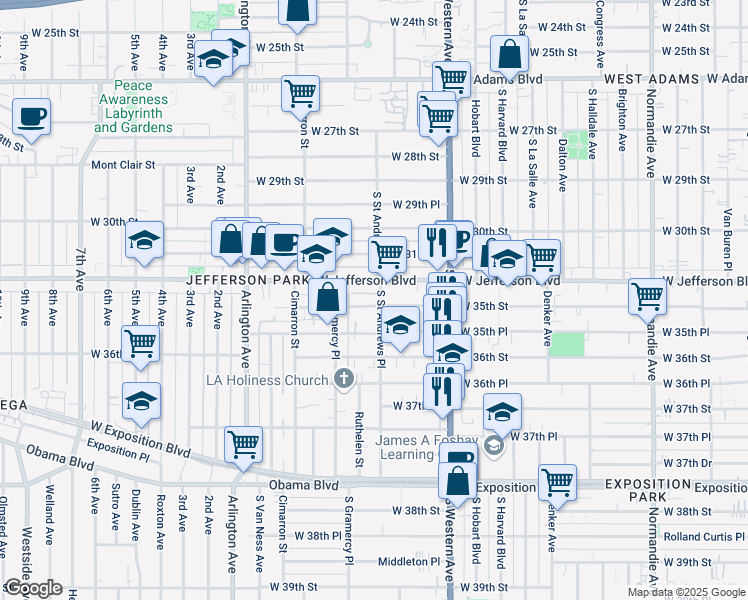 map of restaurants, bars, coffee shops, grocery stores, and more near 1807 West 35th Street in Los Angeles