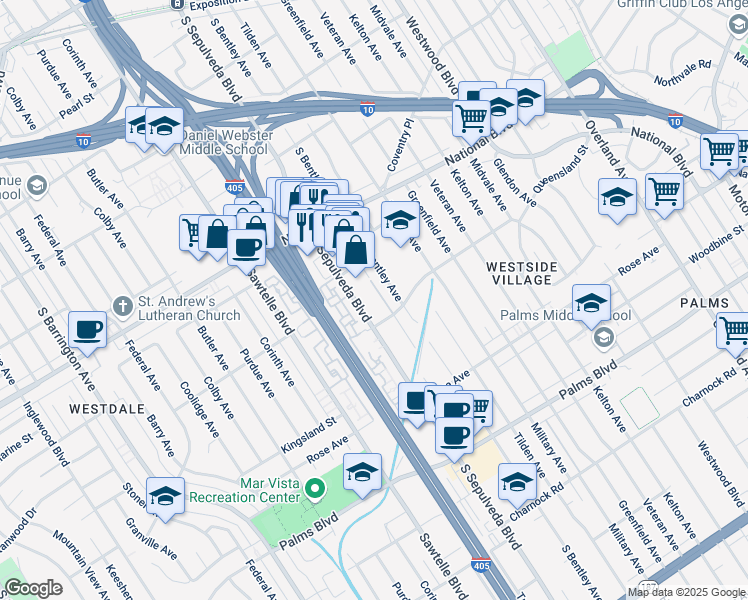 map of restaurants, bars, coffee shops, grocery stores, and more near 11121 Queensland Street in Los Angeles